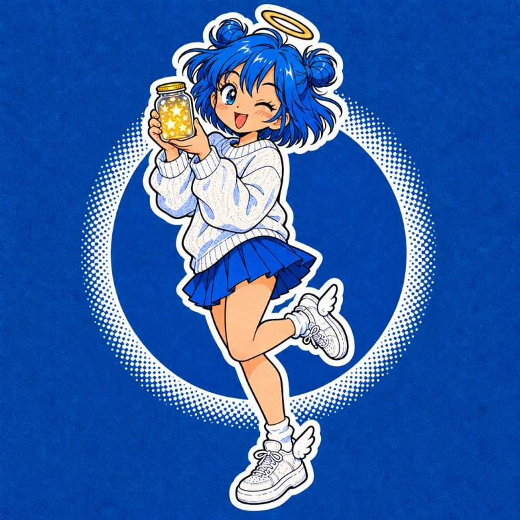 Kiori, the blue-haired mascot with a crooked halo, holding up a jar of glowing stars