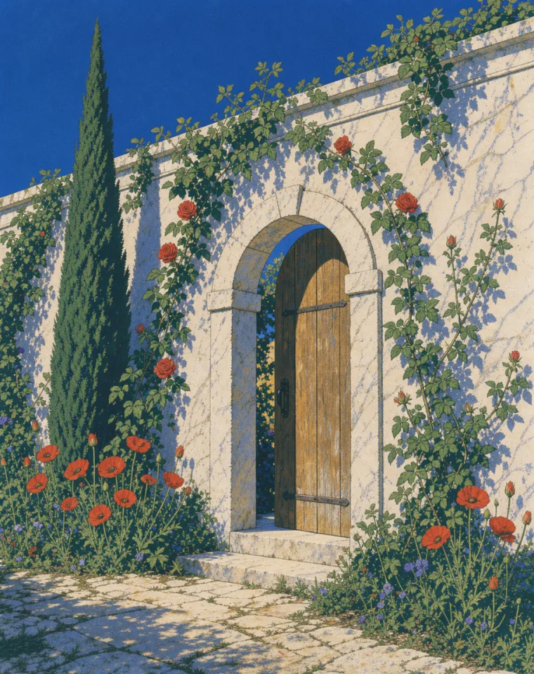 A wooden door left ajar in a white marble wall