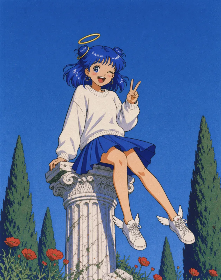 The girl sitting on a marble column, winking