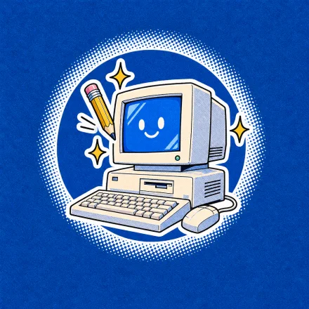 A smiling retro computer with a pencil