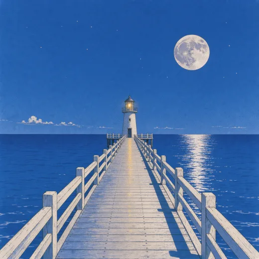 A pier with a little lighthouse under the moon